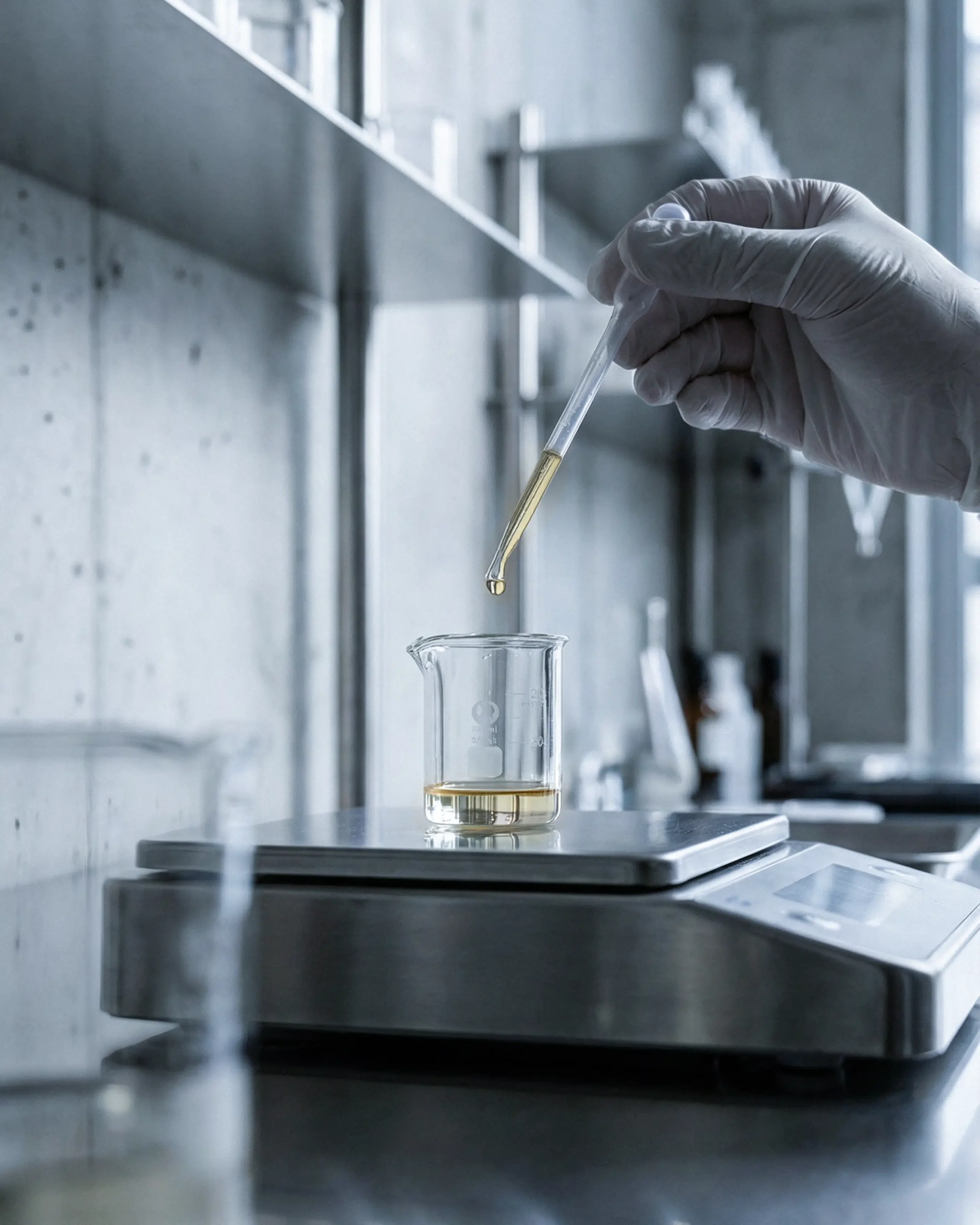 調香師がビーカーに香料を注いでいる様子